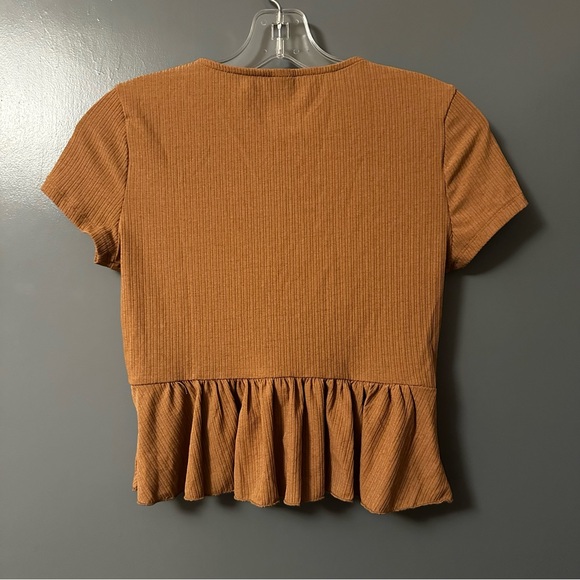 SHEIN Ribbed Tie-Front Peplum Crop Top in Brown - Picture 2 of 4